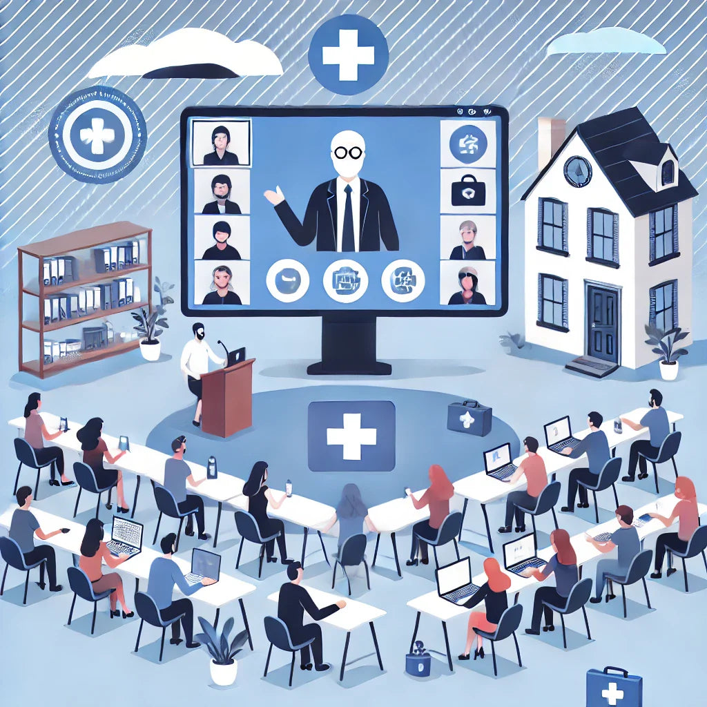 An illustration of a virtual webinar setting featuring a presenter on a screen with diverse participants engaging remotely.
