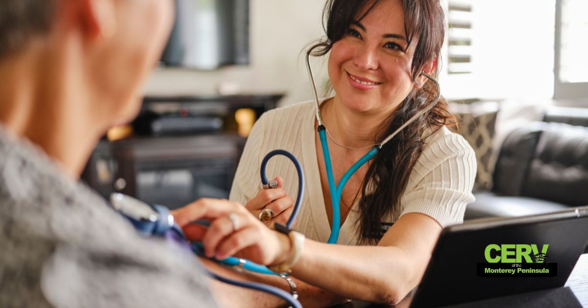 Illustration of a diverse group of people communicating in a healthcare setting, with speech bubbles containing medical symbols like a stethoscope and a heart, alongside digital tools like tablets and smartphones.